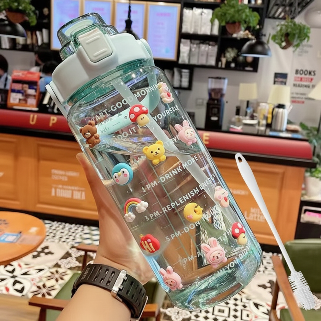 2000ml Transparent Water Bottle With Straw, Bottle Cleaning BRUSH, with 2D + 3D Strickers, Water Bottle For Girls And Female Gym With Handle, Portable WaterBottle For School, Large Capacity Leakproof Water Bottles