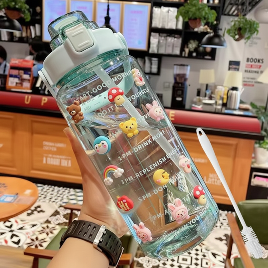 2000ml Transparent Water Bottle With Straw, Bottle Cleaning BRUSH, with 2D + 3D Strickers, Water Bottle For Girls And Female Gym With Handle, Portable WaterBottle For School, Large Capacity Leakproof Water Bottles