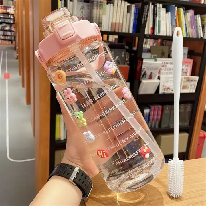2000ml Transparent Water Bottle With Straw, Bottle Cleaning BRUSH, with 2D + 3D Strickers, Water Bottle For Girls And Female Gym With Handle, Portable WaterBottle For School, Large Capacity Leakproof Water Bottles
