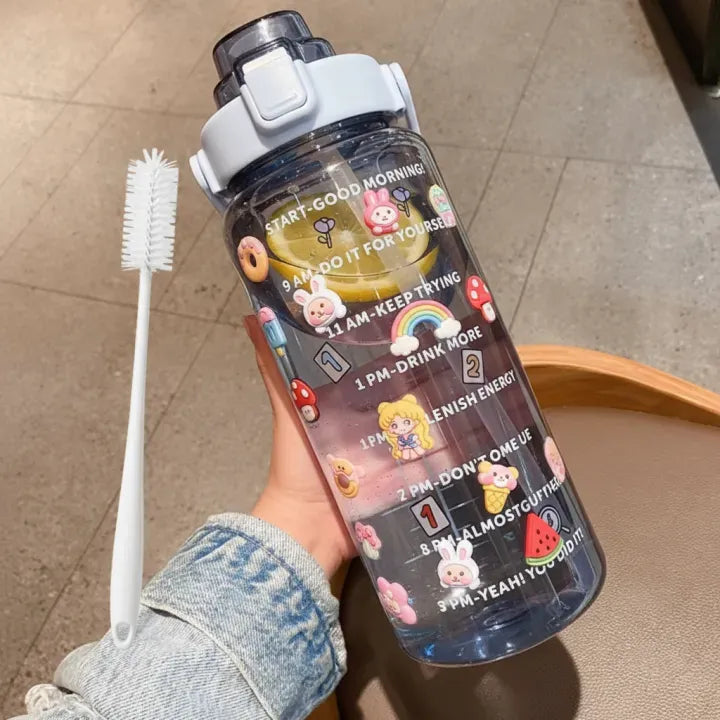 2000ml Transparent Water Bottle With Straw, Bottle Cleaning BRUSH, with 2D + 3D Strickers, Water Bottle For Girls And Female Gym With Handle, Portable WaterBottle For School, Large Capacity Leakproof Water Bottles