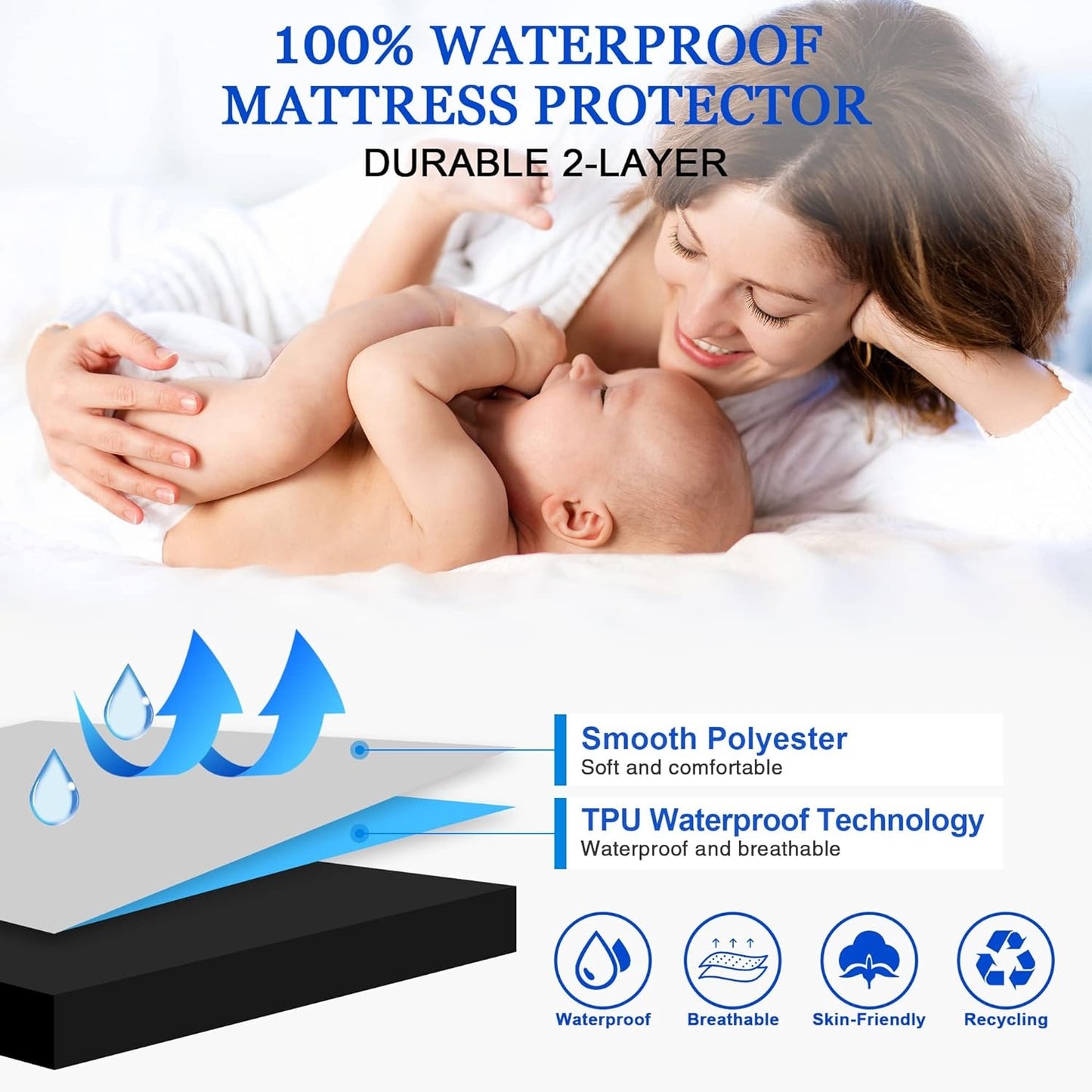Waterproof/Oilproof Mattress Cover Single, Queen, double bed-King Size, Bed Cover - Fitted Cover - Anti Dust-Mite Hypoallergenic - Can Cover Spring Mattress